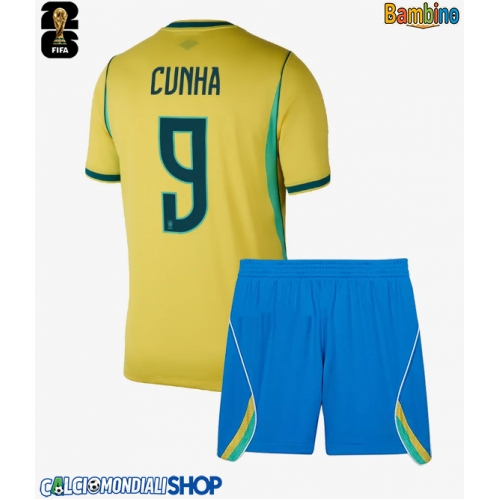 Maglie da calcio Brasile Matheus Cunha #9 Prima Maglia Bambino Mondiali 2026  Manica Corta + Pantaloni corti)